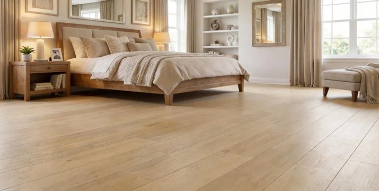 Wood flooring in a bedroom with a wooden bed and open shelving