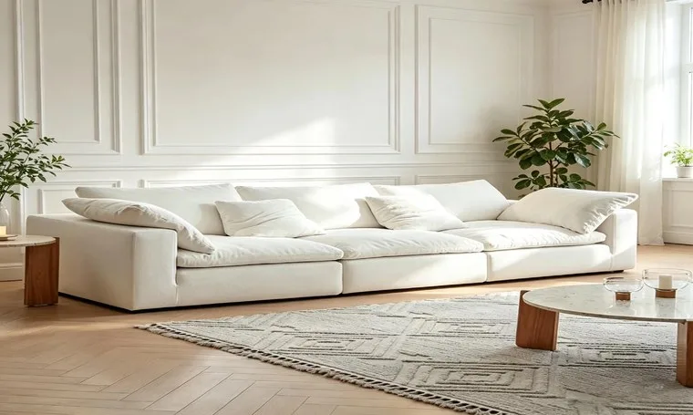 Living room with a white modular sofa and a patterned wool rug