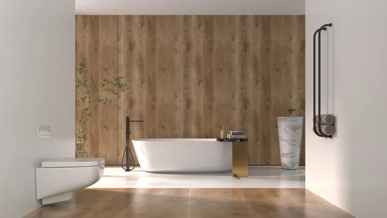 Bathroom with a freestanding bathtub and wall-hung sanitary ware
