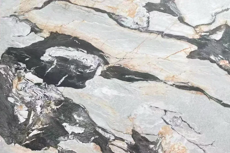 Porcelain slab surface with black veining and ochre patches