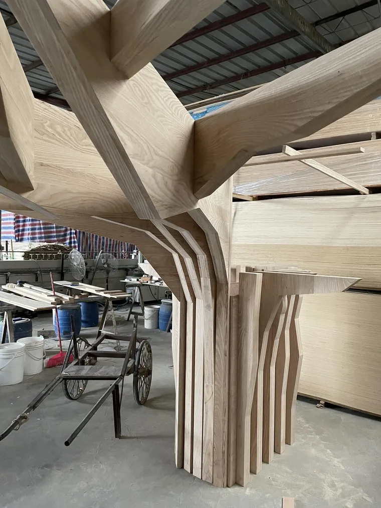 Timber sculpture in progress in a joinery workshop