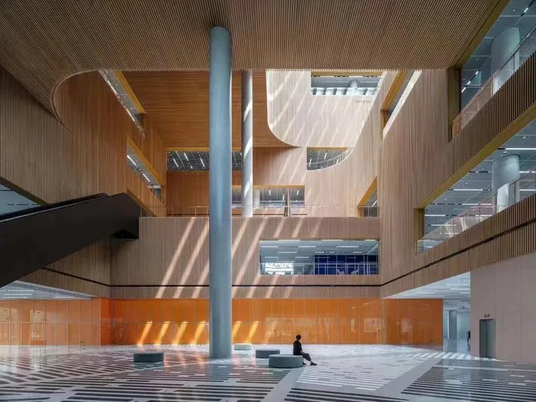 Multi-level timber slat wall in an atrium