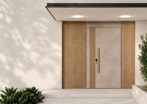 Dark grey aluminium entrance door with an integrated LED light strip