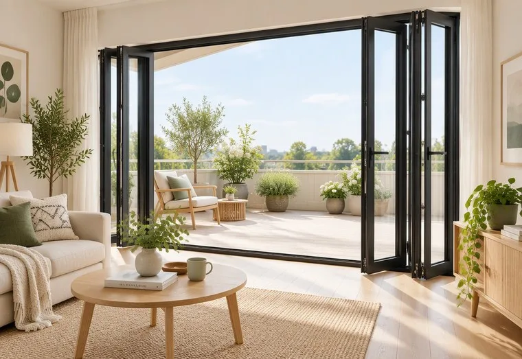 Folding door detail — black aluminium frame and glazing