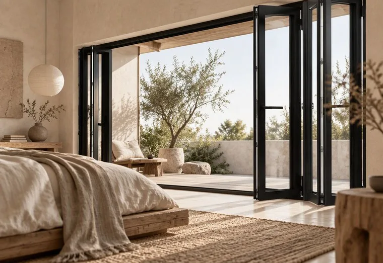 Black-framed aluminium folding glass doors opening from a bedroom onto a terrace
