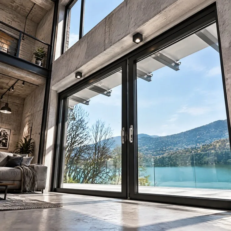 Slim-framed aluminium sliding glass door in a minimalist interior
